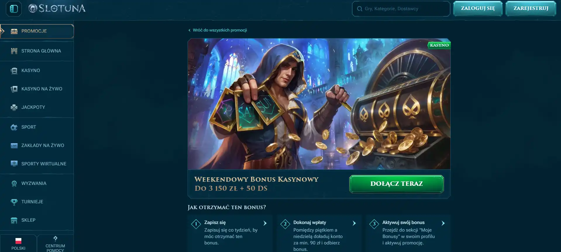 Zrzut oficjalnych warunków promocji Slotuna z wartościami w PLN